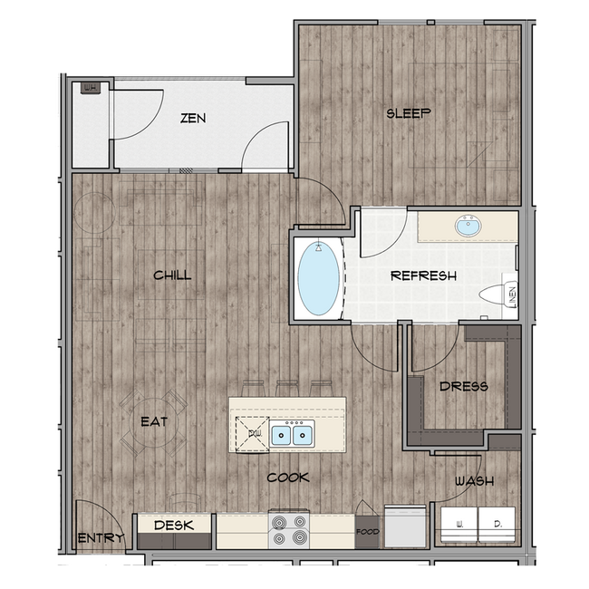 1 Bedroom, 1 Bathroom 1307 floor plan
